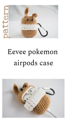 an image of a crocheted animal keychain with the words eeve pomeon airpods case