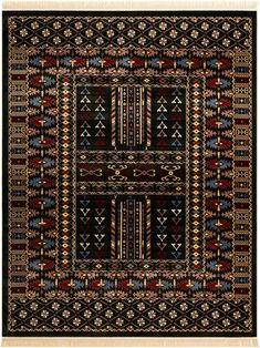 a black rug with multicolored designs on it