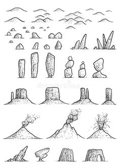 different types of rocks in the desert, vintage line drawing or engraving royalty illustration