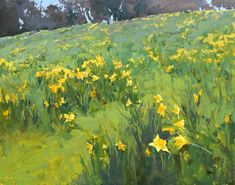 a painting of yellow flowers in a green field