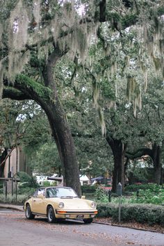 an old yellow car parked in front of a large tree with spanish moss hanging from it's branches