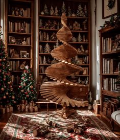 a christmas tree made out of books in a living room