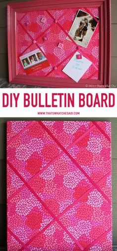 a pink bulletin board with pictures hanging on it and the words diy bulletin board