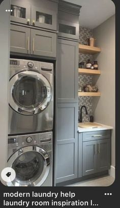 a washer and dryer in a laundry room with shelving on the wall