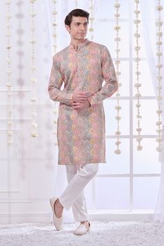 Pink straight kurta with multi colored kalamkari floral Mughal prints. Comes with solid pyjama. - Aza Fashions Designer Kalamkari Print Kurta For Diwali, Fitted Multicolor Kurta With Kalamkari Print, Fitted Multicolor Kalamkari Print Kurta, Multicolor Straight Kurta For All Seasons, Multicolor Straight Kurta For Transitional Season, Eid Kalamkari Print Straight Kurta, Festive Multicolor Kalamkari Print Kurta, Festive Multicolor Block Print Kurta, Multicolor Straight Kurta With Cutdana