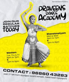 an advertisement for the dance academy with a woman in a white dress and yellow background