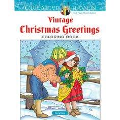 the vintage christmas greetings coloring book with an image of two children standing next to each other