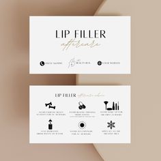 Show your clients that you care about their treatments with this lip filler aftercare card and help them maintain their treatments between visits. This template is designed with simplicity in mind. With Canva's user-friendly interface, you can effortlessly edit the content to fit your specific needs. Update images and aftercare instructions as your business evolves, ensuring your customers always receive accurate information. template dimensions: 3.5 x 2 inches HOW IT WORKS: 1. Complete your pur Nurse Injector Business Cards, Brow Studio Ideas, Filler Aftercare, Information Template, Brow Studio, Lip Filler, Spa Design, Lip Injections