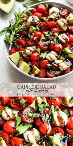 a salad with tomatoes, avocado and mozzarella on it in a bowl