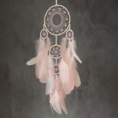 a pink and white dream catcher hanging from a hook on a gray wall with feathers