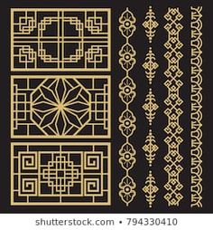 a set of decorative elements in the style of art period, gold on black background