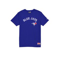 The Toronto Blue Jays Throwback T-Shirt features a chevron stitched applique Blue Jays wordmark at the front with a screen-printed team logo at the rear.Fabric: 63% Cotton, 37% Polyester Collegiate Striped Tops For Game Day, Striped Collegiate Tops For Game Day, Casual Striped Tops For Baseball Season, Blue Varsity T-shirt For Fan Gear, Navy Top With Embroidered Logo For College, Blue Team Spirit T-shirt For Game Day, Blue T-shirt For Game Day With Team Spirit, Blue Tops With Team Name For Game Day, Team-colored Tops With Three Stripes For Baseball Season