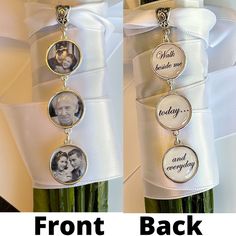 two pictures of the bride and groom on their wedding day, hanging from a bouquet