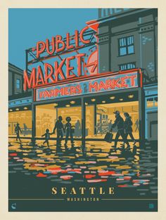 an advertisement for seattle's public market, featuring people walking in front of the store