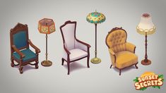 several different types of chairs and lamps on a gray background with the words sunset secrets written below them