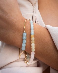 Our Serenity Beaded Bracelet is a pastel lover's dream! What do we love about it? The gorgeous multicolored Morganite beads feature an array of colors making this piece extremely versatile - you'll never want to take it off! Wire Beaded Bracelets, Simple Beaded Bracelets, Aquamarine Bracelet Beads, Pastel Bracelet, Gold Bracelet Simple, Stack Bracelet, Aquamarine Bracelet, Blue Beaded Bracelets, Bracelet Simple