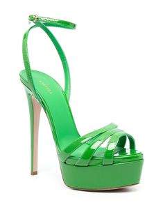 Luxury Green High Heel Sandals, Luxury Green Open Heel Heels, Luxury Green Open Toe Sandals, Luxury Green Open Heel Sandals, Green Heels With Buckle Closure For Evening, Green Platform Sandals For Evening, Green Formal Sandals With Buckle Closure, Luxury Green Heels With Buckle Closure, Formal Green Sandals With Buckle Closure