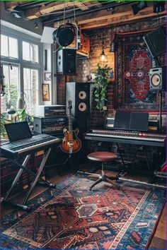 a room filled with lots of musical instruments and sound equipment on top of a rug