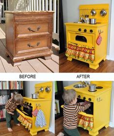 two pictures of a child playing with an old fashioned stove and oven in the same room