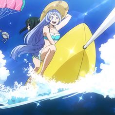 an anime character riding on the back of a yellow boat