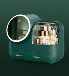 an image of a green vanity with gold accents