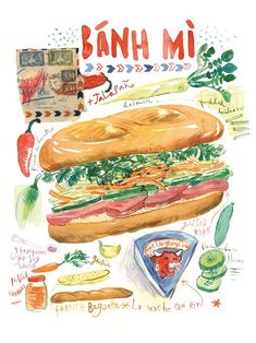 a watercolor drawing of a sandwich with the words banh mi on it and other food items