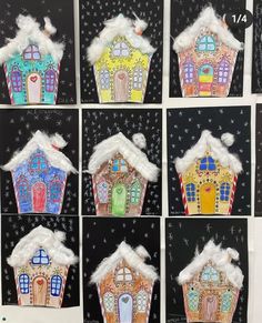 several pictures of different houses made out of colored paper with snow on the top and bottom