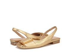 Franco Sarto A-Tracy Sling Slingbacks - Women's Flat Shoes : Gold Leather : Stay true to comfort wearing the Franco Sarto A-Tracy Sling Slingbacks. Crafted from leather upper, this pair of sandals features slip-on fit, square toe design, low-heel, and oversized metallic buckle detailing for an attractive look. Leather lining and insole. Rubber outsole. Imported. Measurements: Heel Height: 5 8 in Weight: 8.5 oz Product measurements were taken using size 7, width M. Please note that measurements may vary by size. Women's Flat Shoes, Slingbacks, Comfort Wear, Stay True, Franco Sarto, Toe Designs, Gold Leather, Flat Shoes, Womens Flats