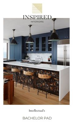 an image of a kitchen with blue cabinets and bar stools on the counter top