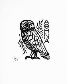 an owl sitting on top of a tree branch with the word aloh written in it