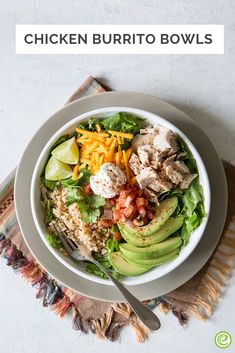 a white bowl filled with chicken burrito bowls