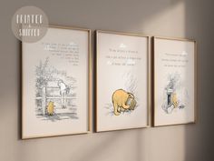 three framed pictures with winnie the pooh illustrations on them