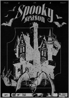 an advertisement for spooky season with bats flying over the house and bats in the sky