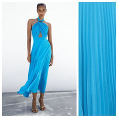 Nwt. Zara Bluish Cut Out Pleated Halter Midi Dress With Gold Buckle And Tie. Front Cut Out At Waist. Interior Lining. Back Hidden In-Seam Zipper Closure. Size S, M, L. Ref. 3564/111. Size S - Pit To Pit 15" Flat, Waist 14,5", Length 55". Size M - Pit To Pit 16" Flat, Waist 15", Length 55". Size L - Pit To Pit 17" Flat, Waist 15,5", Length 55". Blue Midi-length Pleated Dress For Spring, Blue Pleated Midi Dress For Spring, Spring Pleated Midi Dress For Date Night, Spring Pleated Dress For Date Night, Pleated Dresses For Spring Date Night, Light Blue Long Dress For Spring, Pleated Dress For Date Night In Spring, Blue Flowy Cocktail Dress, Summer Pleated Light Blue Maxi Dress