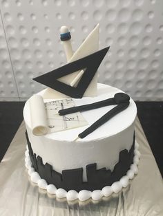 a cake decorated with musical instruments and music notes