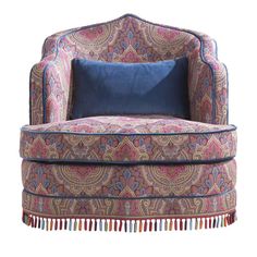 an ornate chair with blue and pink pillows on it's back, in front of a white background