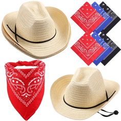 PRICES MAY VARY. Cowboy Hats Set: you will receive 6 pieces of classic straw cowboy hats and 6 pieces of bandanas in 3 colors, red, black, and blue can fit different and more styles, sufficient quantity, and suitable for daily use and replacement Cowboy Style Accessories: this cowboy hat and bandanas suit can be applied to horseback riding, travel, party, etc., and also suitable for matching with cowboy style clothing or rural denim style, the classic and simple design are suitable for men and w Cowboy Hat Costume, Straw Cowboy Hats, Straw Cowgirl Hat, Music Festival Party, Western Birthday, Western Theme Party, Classic Cowboy, Western Parties, Western Party