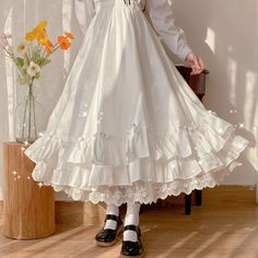 レースティアードフリルスカート - Belchic White Long Skirt, Frill Skirt, Fairy Skirt, Ankle Length Skirt, Long Skirts For Women, Half Skirt, Empire Dress, Mori Girl, Japan Fashion