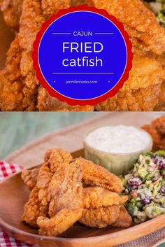 fried fish is served on a plate with coleslaw, salad and ranch dressing