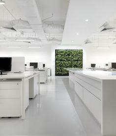 an office with white desks and computers