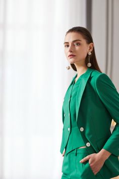 Elegant Green Tailored Three-Piece V-Neck Pant Suits with blazer, vest and pants Peak lapel; double-breasted button front. Basted sleeves. Chest welt pocket. Flap pocket detail. Fitted. Straight hem. Polyester 80% Viscose 20% Lining, viscose/polyester. Imported Ankle length pant Formal Suits For Women, Office Suits, Women Suits Wedding, Dark Blue Suit, Double Breasted Waistcoat, Womens Office, Skirt Suit Set, Beautiful Suit, Plaid Suit