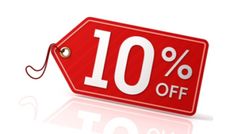 a red 10 % off sale tag with the word 10 percent off written on it