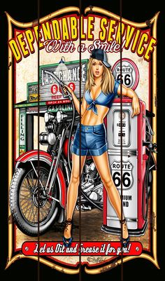 a woman standing next to a gas pump with a motorcycle in front of her and the words, depennalible service can a smile let us that grease it for you