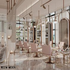 the interior of a salon with chairs and mirrors