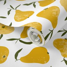 a yellow and white wallpaper with pears on it's sides, in the style of lemons