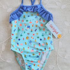 Brand New 18 Month Girl Swimsuit With Raffles On The Top And Little Prints All Over. Items Comes From Smoke And Pet Free Household. Brand Cat And Jack From Target Blue Summer Bodysuit For Playwear, Cute Blue Bodysuit For Swimming, Cute Blue Swimming Bodysuit, Playful Sleeveless Bodysuit For Pool, Blue Fitted Bodysuit For Playtime, Fitted Blue Bodysuit For Playtime, Playful Blue Bodysuit For Summer, Fun Blue Swimwear For Playtime, Cute Blue Bodysuit For Spring