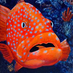 an orange fish with white dots on it's face and mouth is looking at the viewer