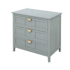 a grey chest of drawers with two gold handles on the top and one drawer open