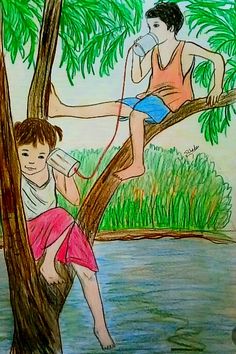 a drawing of two children sitting on a tree branch next to a body of water