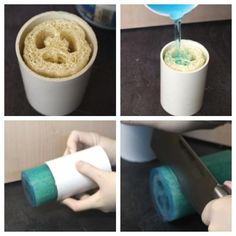 four pictures showing how to make an icecream cup with doughnut holes and sprinkles